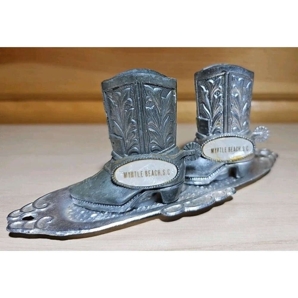 Vintage Myrtle Beach Metal Silver Cowboy Boots Salt and Pepper Shaker Made Japan